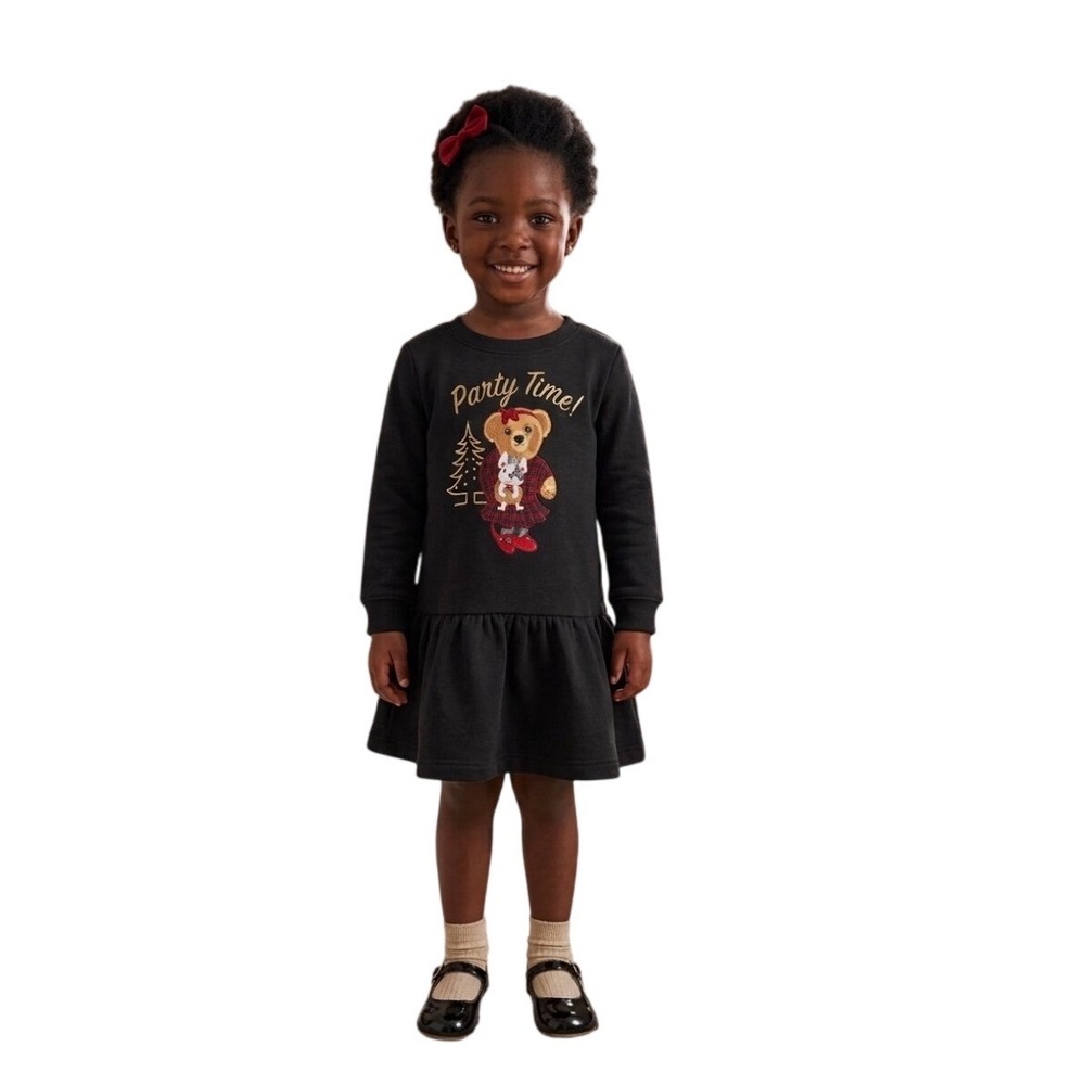 Polo Ralph LaurenSweatshirt Dress Girls Black Party Time Bear Plaid Ruffle